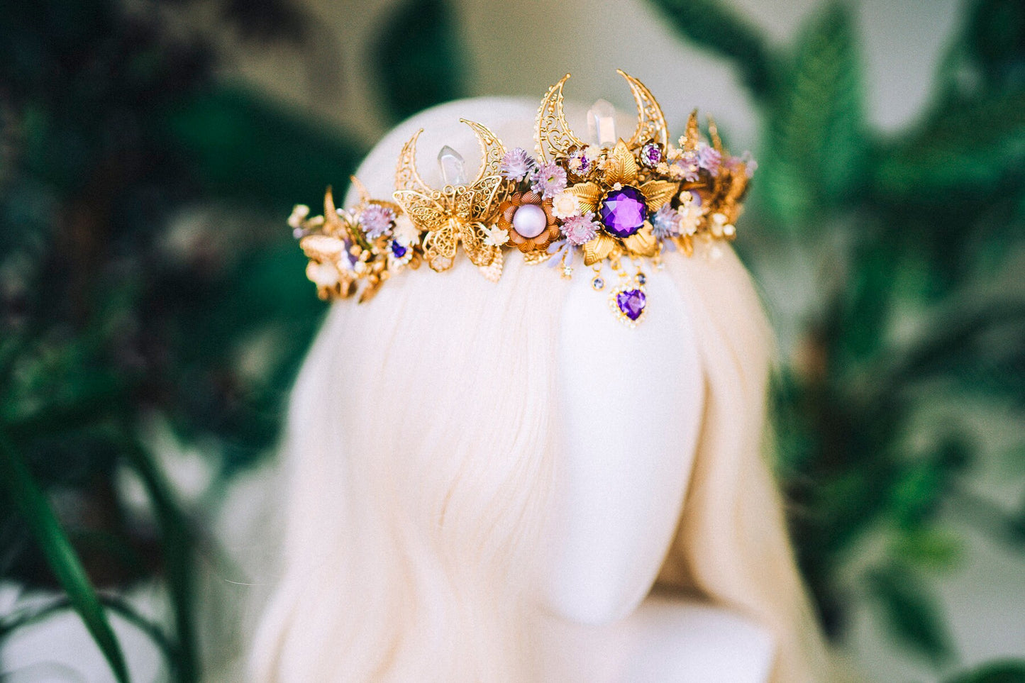 Lavender flower crown, Flower headpiece, Gold crown, Bridal crown, Wedding headpiece, Purple flower crown, Fairy crown, Crystal crown