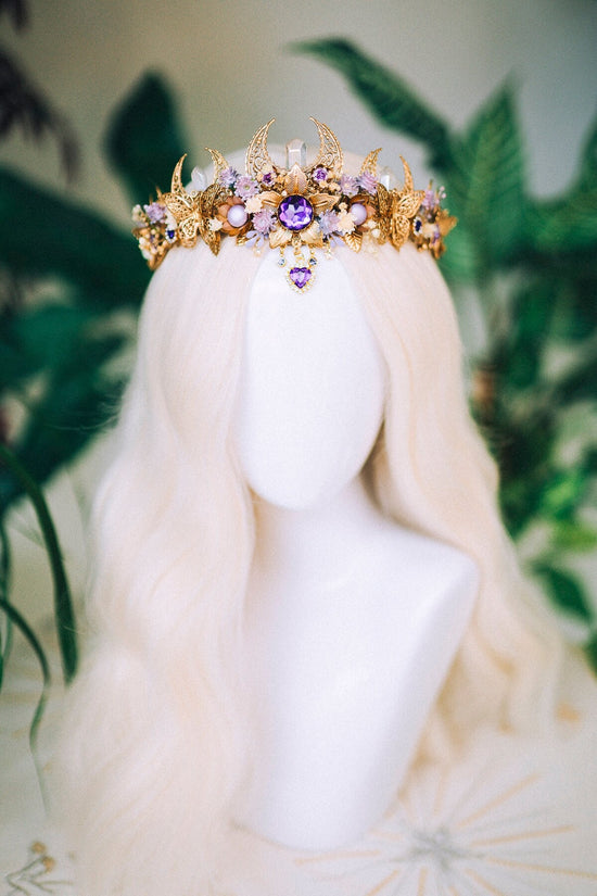 Lavender flower crown, Flower headpiece, Gold crown, Bridal crown, Wedding headpiece, Purple flower crown, Fairy crown, Crystal crown