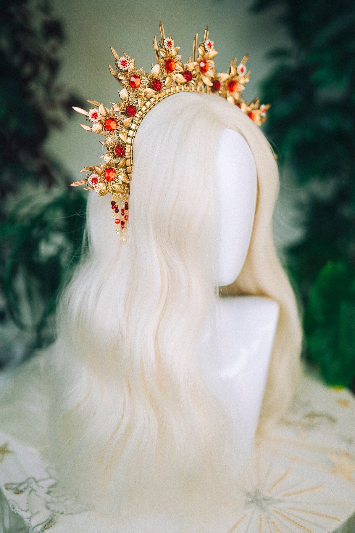 Gold crown Flower crown Red flower headband Headpiece Crown Tiara Headdress Goddess crown Jewellery Halo Bridal headpiece Bridal crown Boho