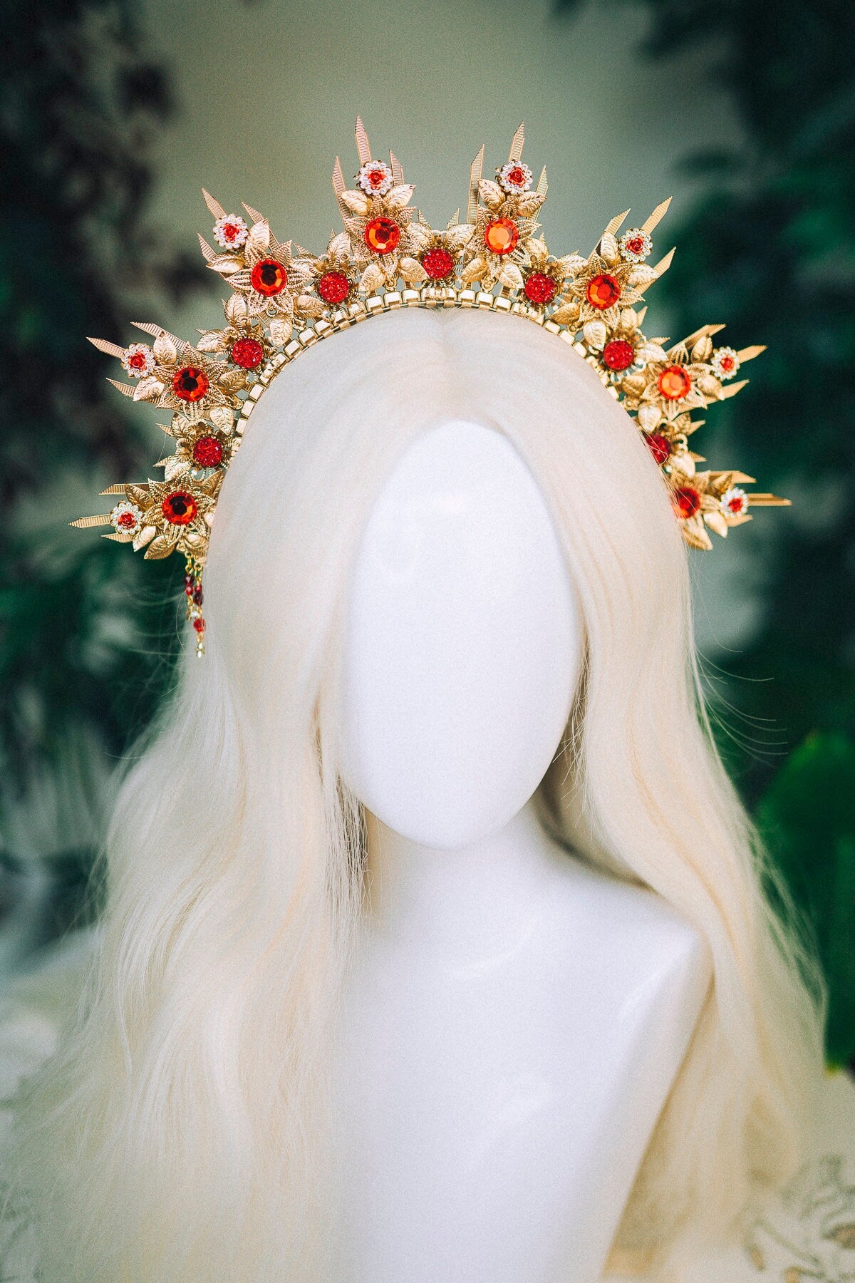 Gold crown Flower crown Red flower headband Headpiece Crown Tiara Headdress Goddess crown Jewellery Halo Bridal headpiece Bridal crown Boho