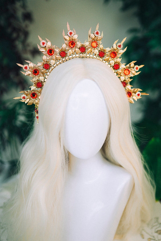 Gold crown Flower crown Red flower headband Headpiece Crown Tiara Headdress Goddess crown Jewellery Halo Bridal headpiece Bridal crown Boho