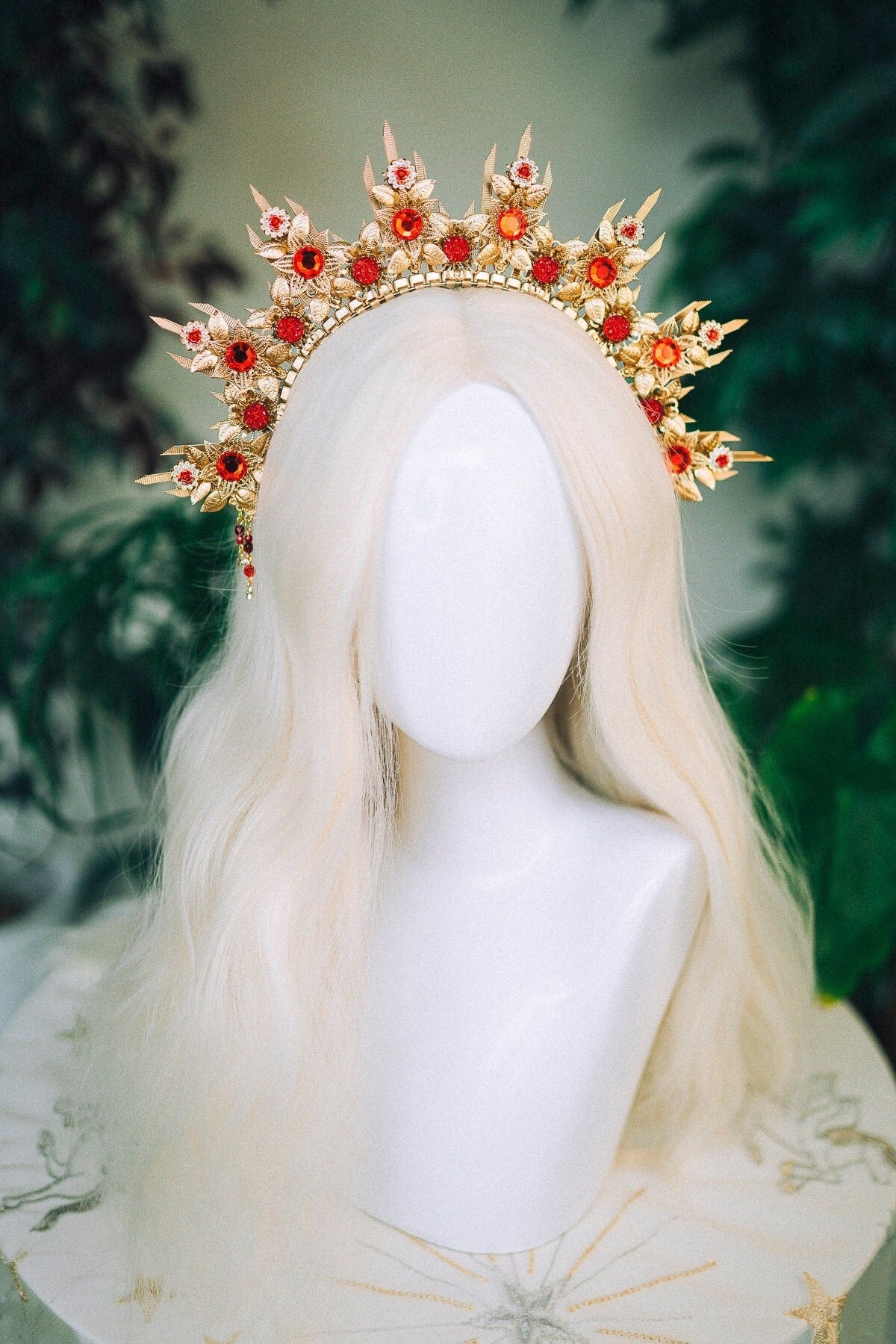 Gold crown Flower crown Red flower headband Headpiece Crown Tiara Headdress Goddess crown Jewellery Halo Bridal headpiece Bridal crown Boho