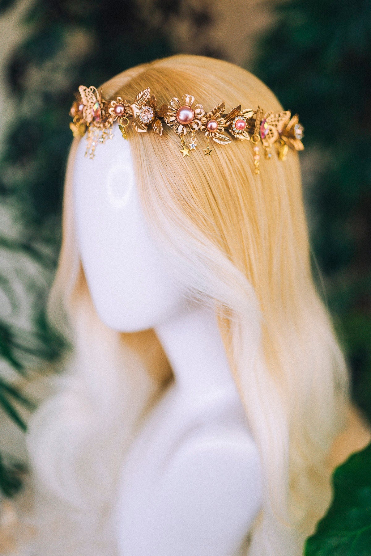 Butterfly Flower Tiara, Gold Headpiece with Pink Pearls Crystals Stars, Elegant Bridal Crown for Weddings Festivals Special Occasions