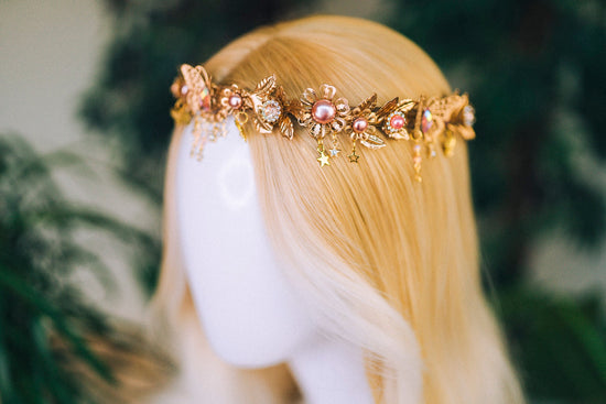 Butterfly Flower Tiara, Gold Headpiece with Pink Pearls Crystals Stars, Elegant Bridal Crown for Weddings Festivals Special Occasions