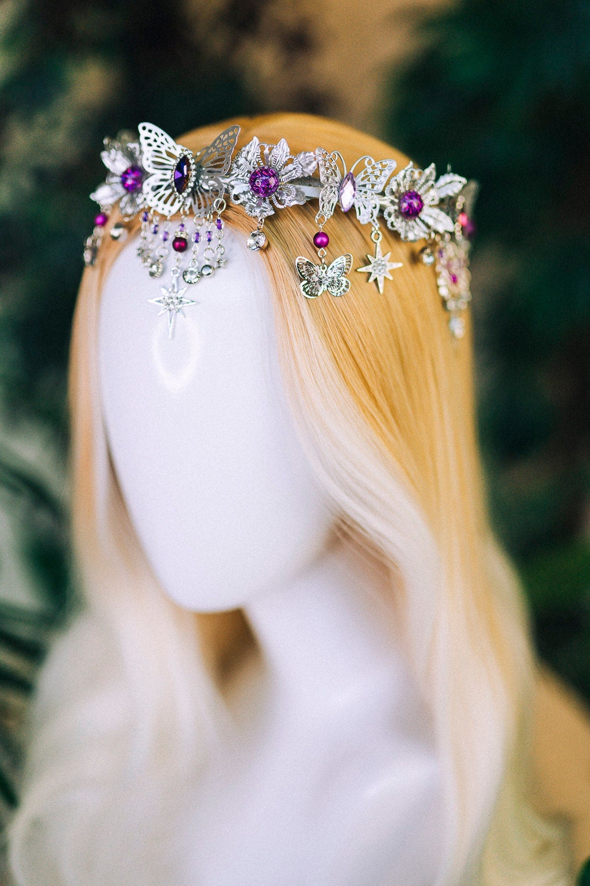 Purple tiara Flower crown Jewellery Elf tiara Diadem Crown Fairy crown Bridal crown Burning man Festival headpiece Butterfly crown Halloween