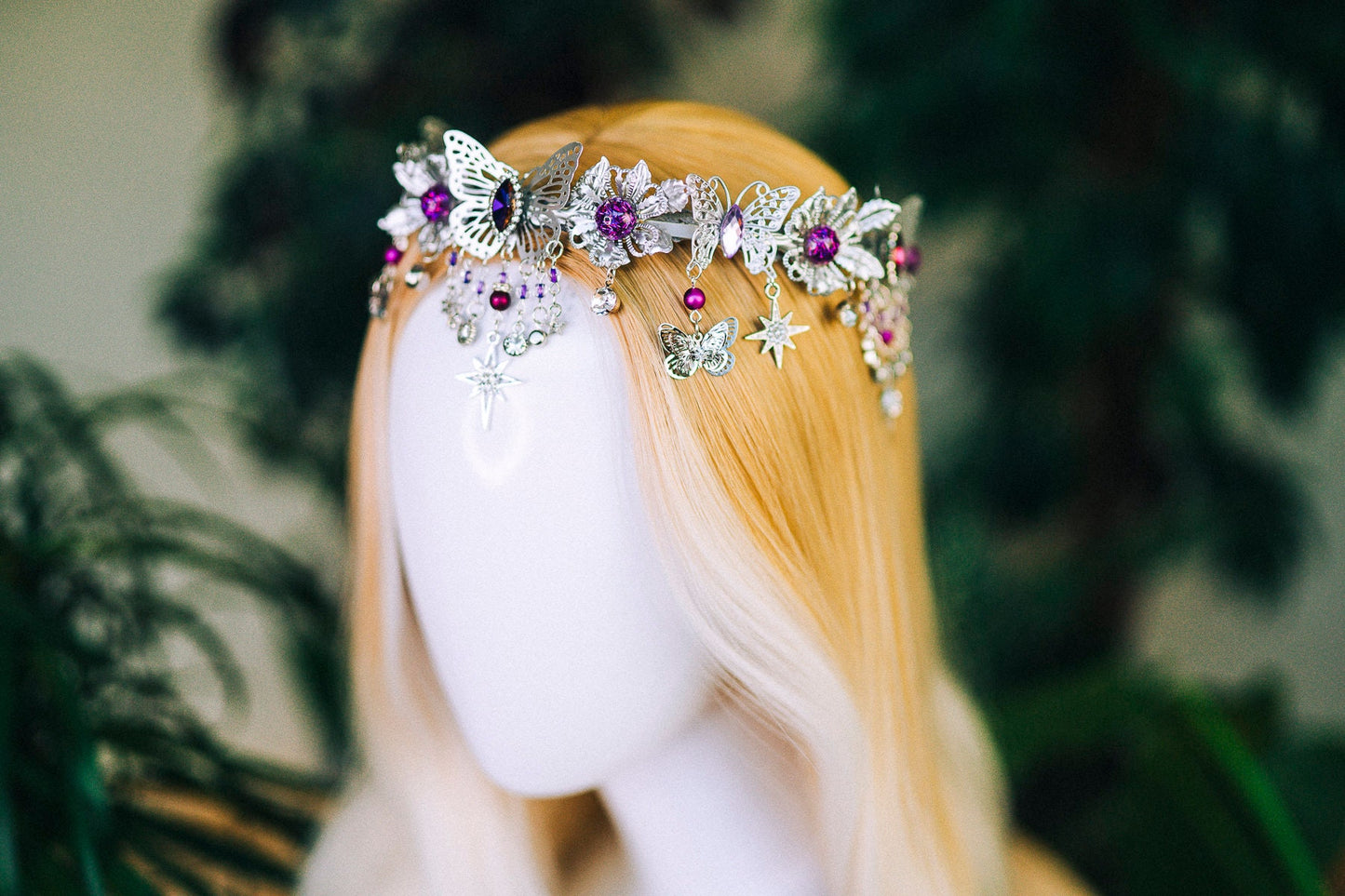 Purple tiara Flower crown Jewellery Elf tiara Diadem Crown Fairy crown Bridal crown Burning man Festival headpiece Butterfly crown Halloween