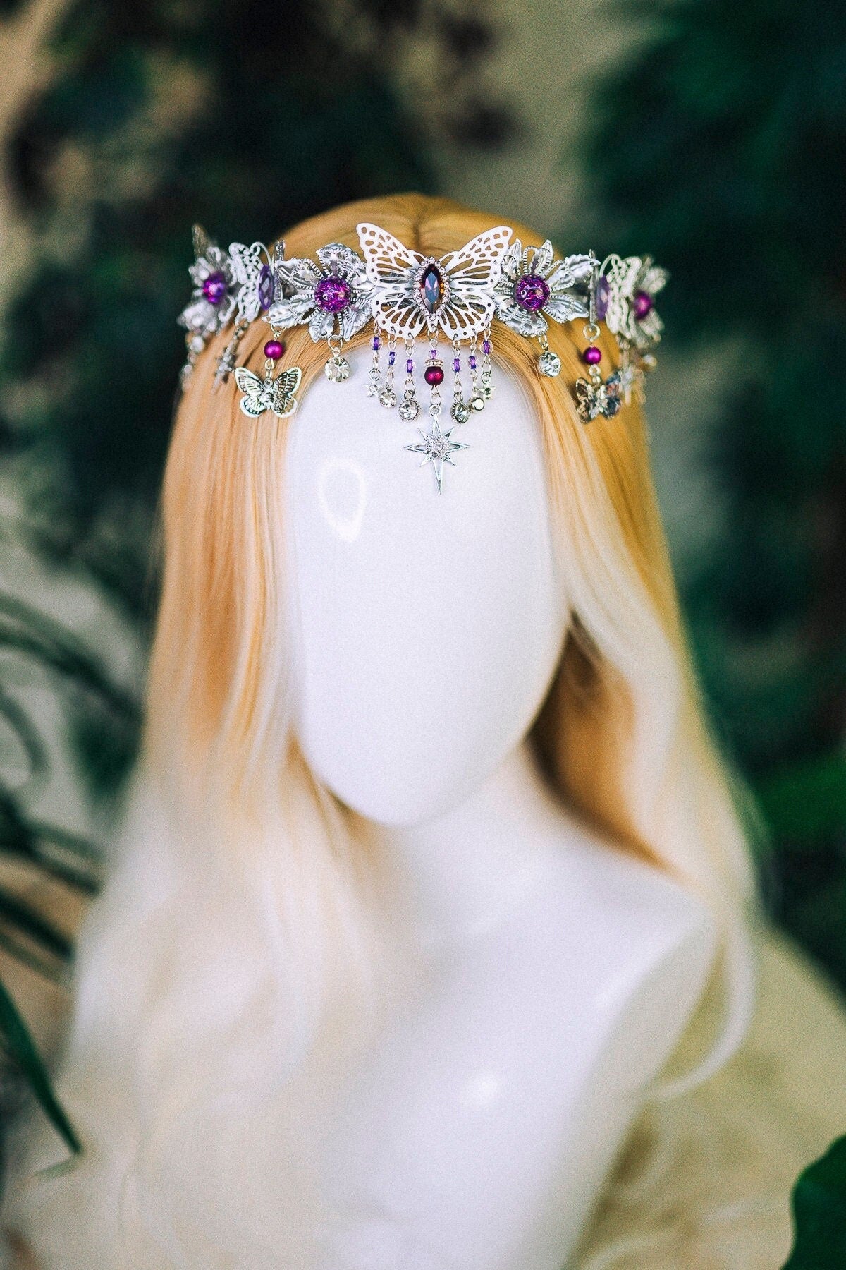 Purple tiara Flower crown Jewellery Elf tiara Diadem Crown Fairy crown Bridal crown Burning man Festival headpiece Butterfly crown Halloween