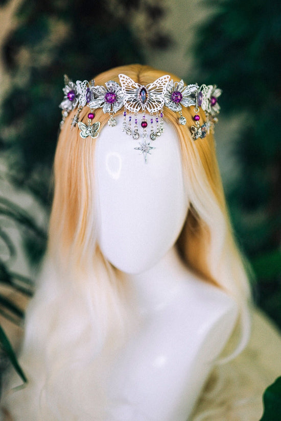 Purple tiara Flower crown Jewellery Elf tiara Diadem Crown Fairy crown Bridal crown Burning man Festival headpiece Butterfly crown Halloween