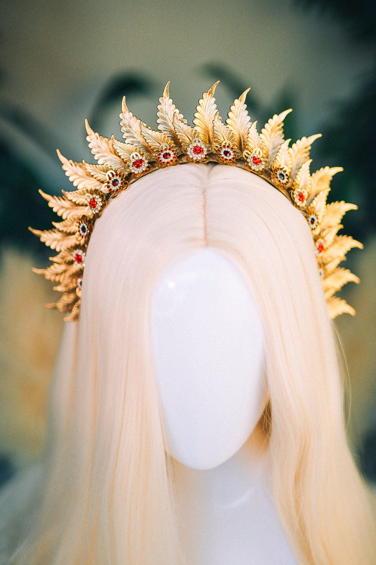 Gold crown Flower crown Red flower headband Headpiece Crown Tiara Headdress Goddess crown Jewellery Halo Bridal headpiece Bridal crown Boho