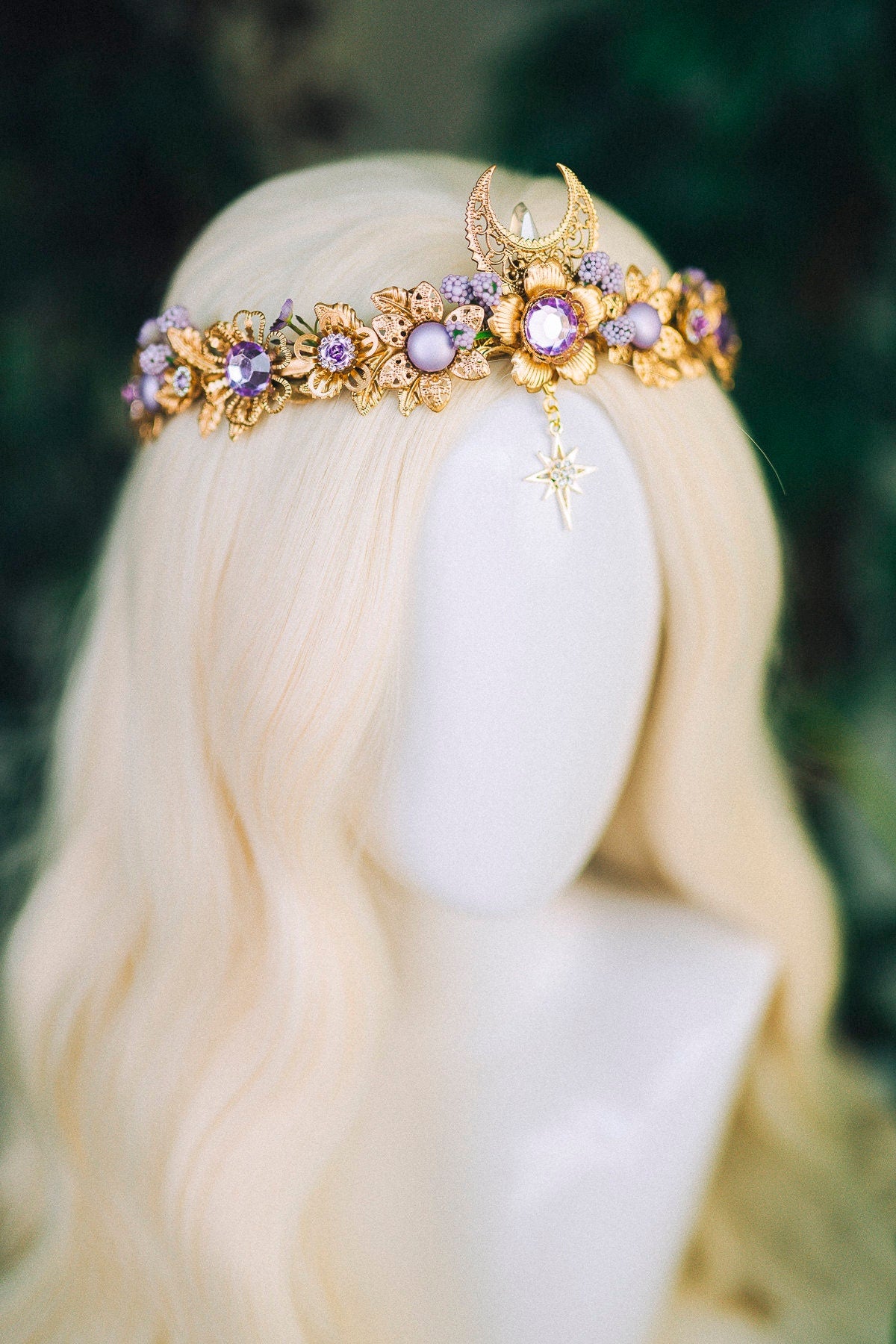 Lavender Flower Crown Flower Tiara Celestial Gold Wedding Headpiece Headband Fairy Eleven Flower Wedding Crown Boho Bride Crystal Crown