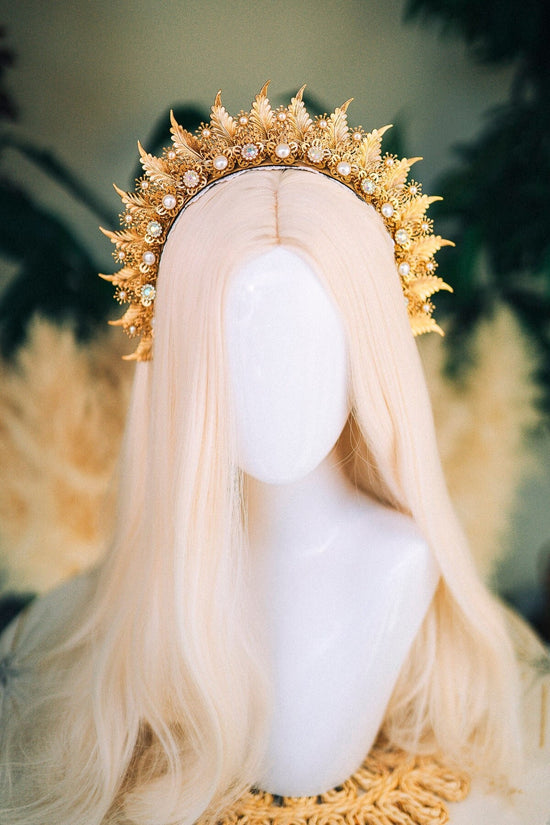 Gold crown Flower crown Flower headband Headpiece Crown Tiara Headdress Goddess crown Jewellery Halo Bridal headpiece Bridal crown Boho