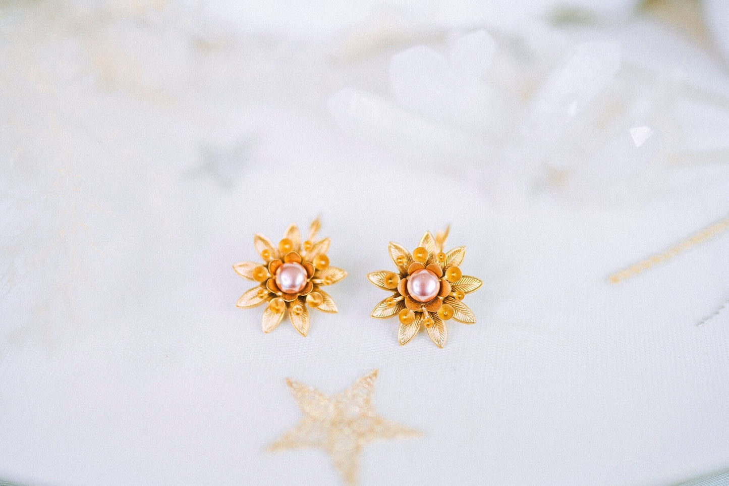 READY TO SHIP Flower earrings Festival earrings Gold earrings Summer earrings Flower jewellery Wedding accessories Dust pink earrings Boho