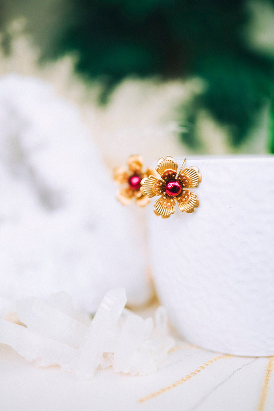 READY TO SHIP Flower earrings Festival earrings Gold Summer earrings Flower jewellery Wedding accessories Burgundy earrings Bridal earrings