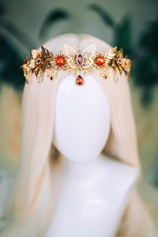 Gold crown with red rhinestones, Butterfly crown, Butterfly headpiece, Wedding crown, Bridal headpiece, Fairy crown, Elven crown