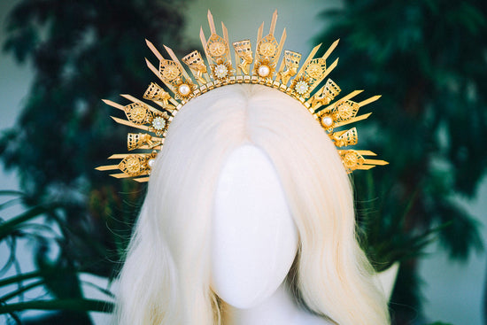 Halo Gold crown Jewellery Flower crown Bridal headpiece Celestial jewellery Krone Crown Headdress Nefertiti crown Cleopatra crown Halloween