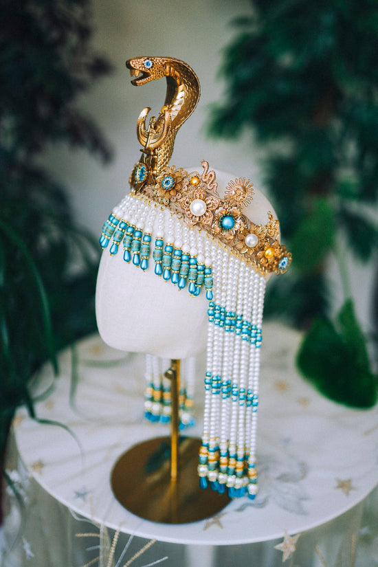 Cleopatra Crown, Gold cobra headpiece, Gold crown, Cleopatra style headpiece, Halloween costume, Goddess Crown, Gold halo crown, Turquoise