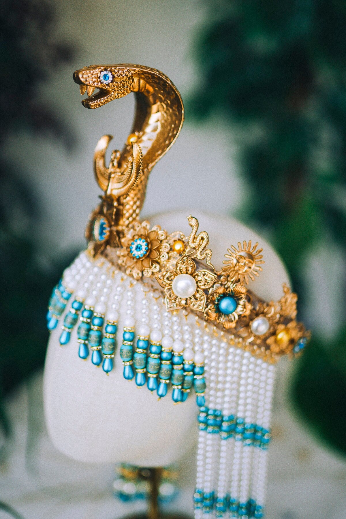 Cleopatra Turquoise Crown, Egyptian Pearl Crown, Gold Festival Crown, Carnival Headpiece, Luxury Costume Crown, Mardi Gras Cleopatra Crown