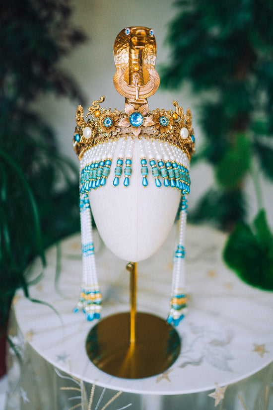 Cleopatra Crown, Gold cobra headpiece, Gold crown, Cleopatra style headpiece, Halloween costume, Goddess Crown, Gold halo crown, Turquoise