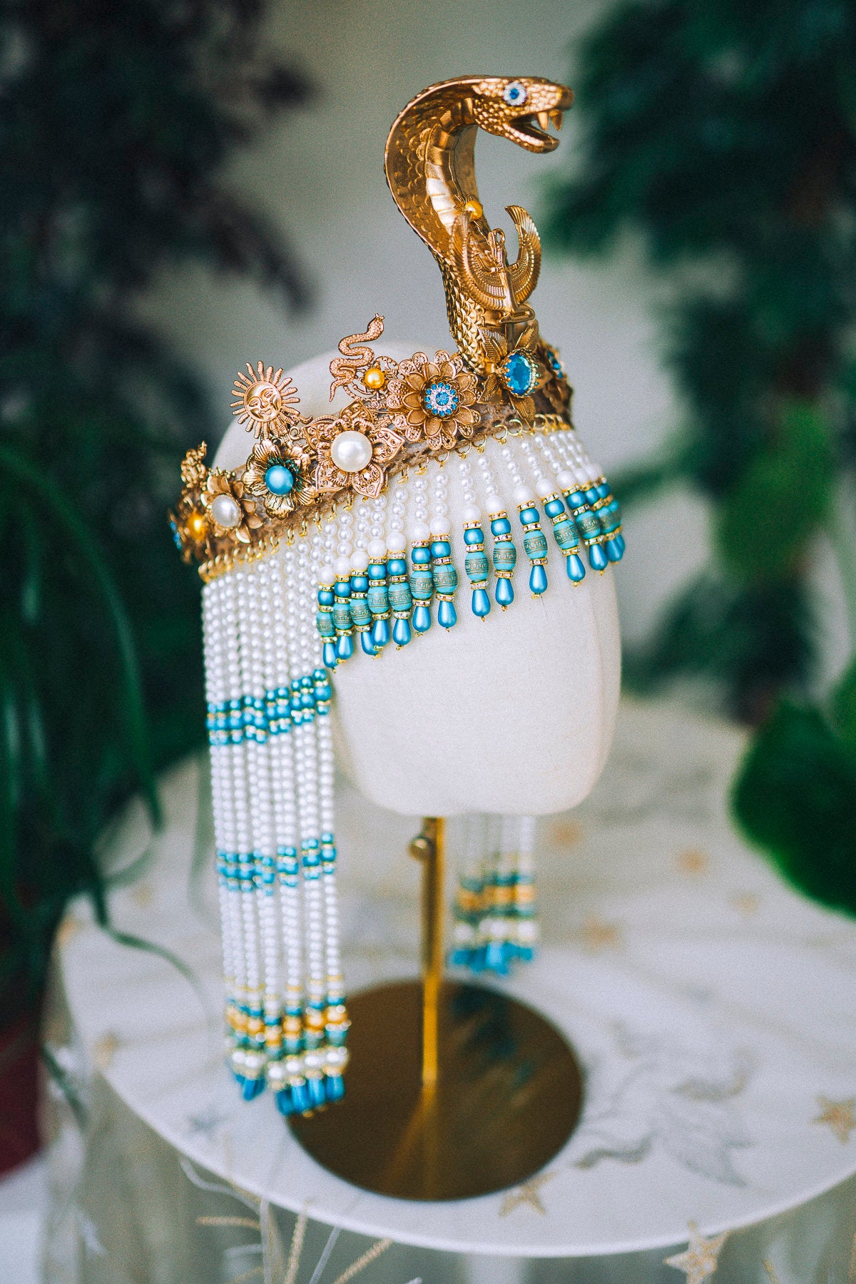 Cleopatra Turquoise Crown, Egyptian Pearl Crown, Gold Festival Crown, Carnival Headpiece, Luxury Costume Crown, Mardi Gras Cleopatra Crown