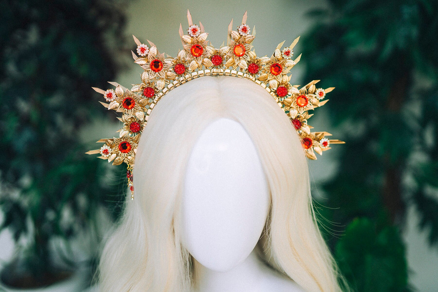 Gold crown Flower crown Red flower headband Headpiece Crown Tiara Headdress Goddess crown Jewellery Halo Bridal headpiece Bridal crown Boho