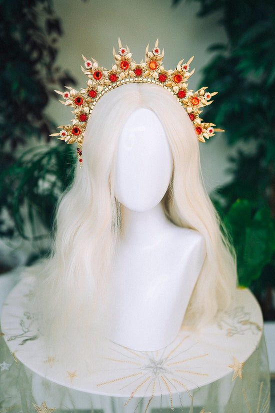 Gold crown Flower crown Red flower headband Headpiece Crown Tiara Headdress Goddess crown Jewellery Halo Bridal headpiece Bridal crown Boho