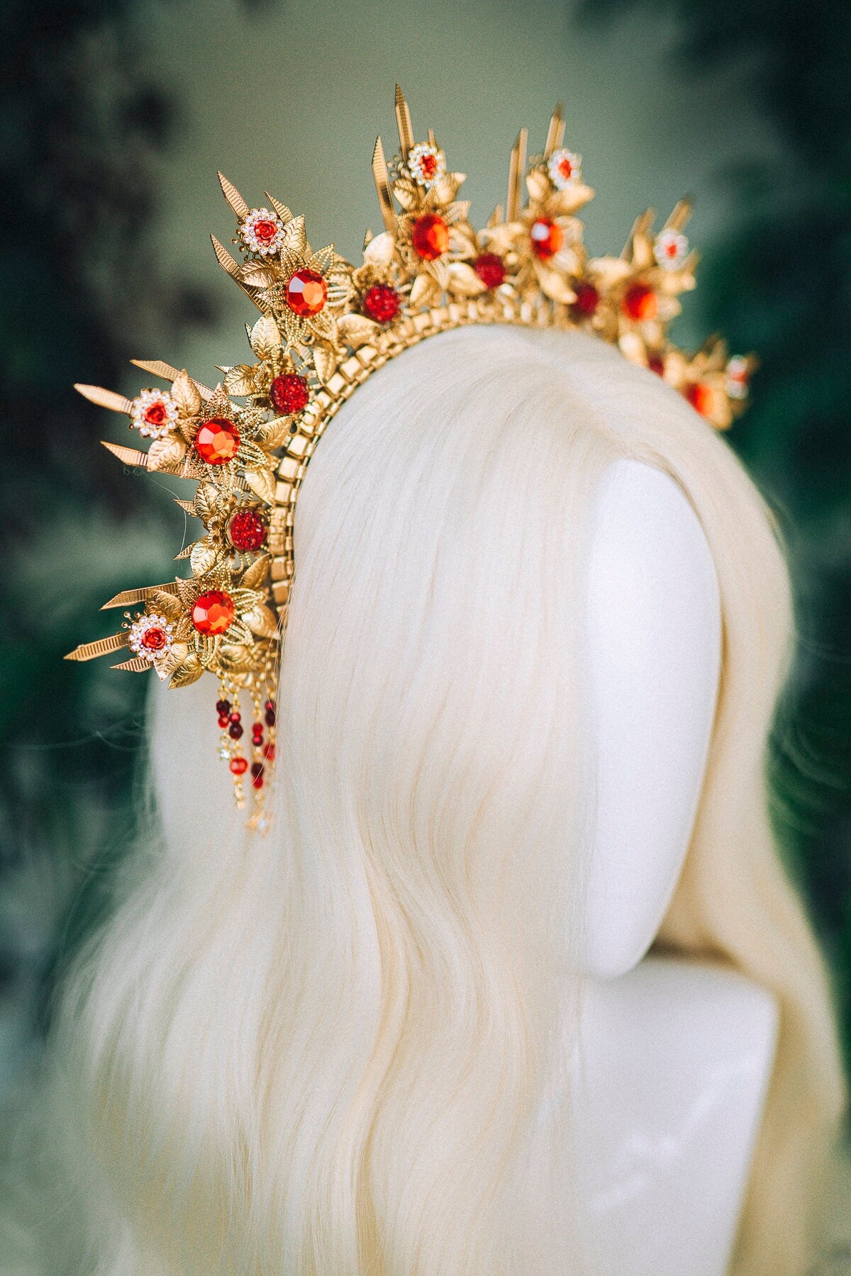 Gold crown Flower crown Red flower headband Headpiece Crown Tiara Headdress Goddess crown Jewellery Halo Bridal headpiece Bridal crown Boho