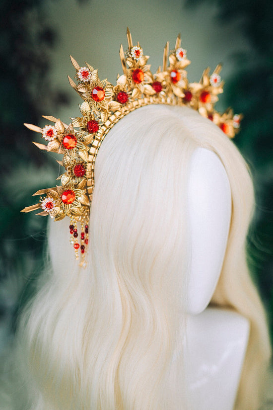 Gold crown Flower crown Red flower headband Headpiece Crown Tiara Headdress Goddess crown Jewellery Halo Bridal headpiece Bridal crown Boho