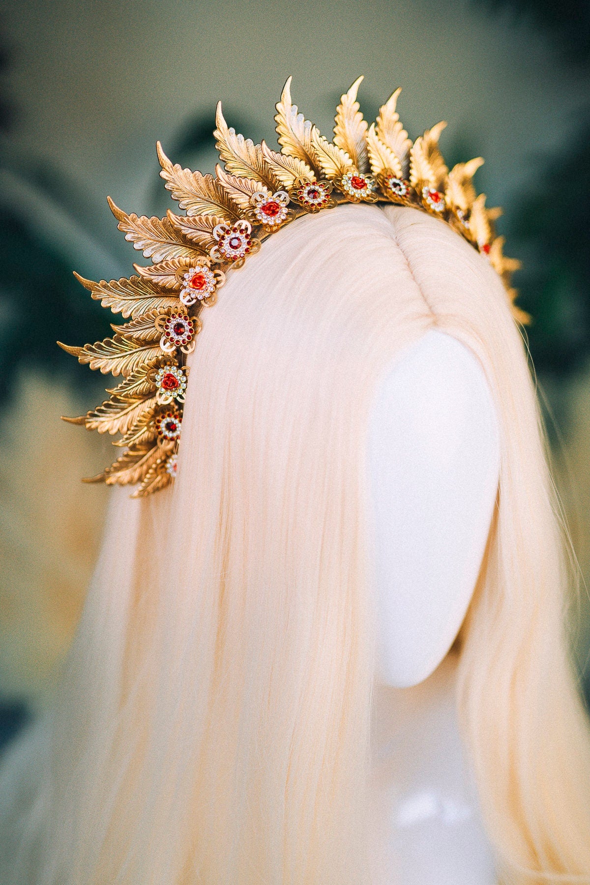 Gold crown Flower crown Red flower headband Headpiece Crown Tiara Headdress Goddess crown Jewellery Halo Bridal headpiece Bridal crown Boho