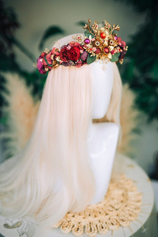 Burgundy Flower Crown Flower Tiara Celestial Gold Wedding Tiara Headpiece Headband Fairy Halo Flower Wedding Crown Boho bride Crystal Crown