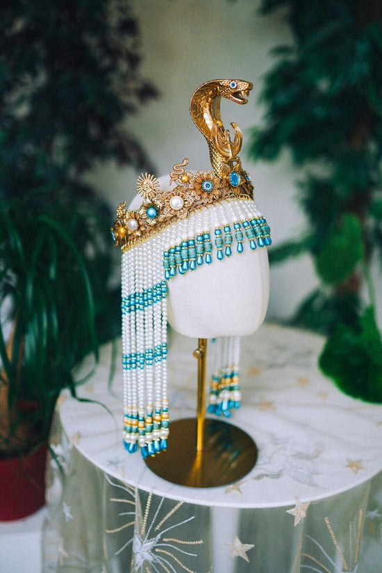 Cleopatra Crown, Gold cobra headpiece, Gold crown, Cleopatra style headpiece, Halloween costume, Goddess Crown, Gold halo crown, Turquoise