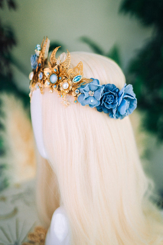 Denim flower crown Tiara Festival crown Wedding headpiece Headband Fairy crown Gold crown Bridal Crown Boho jewellery Crystal Crown Diadem