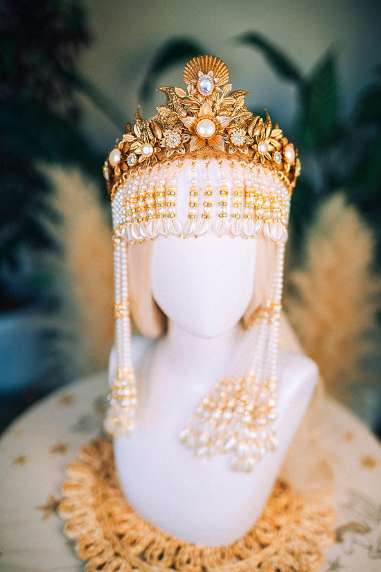 Mermaid crown White pearl crown Tiara Diadem Jewellery Sea princess Gold crown Halloween Mermaid costume Goddess Crown Shell crown Boho