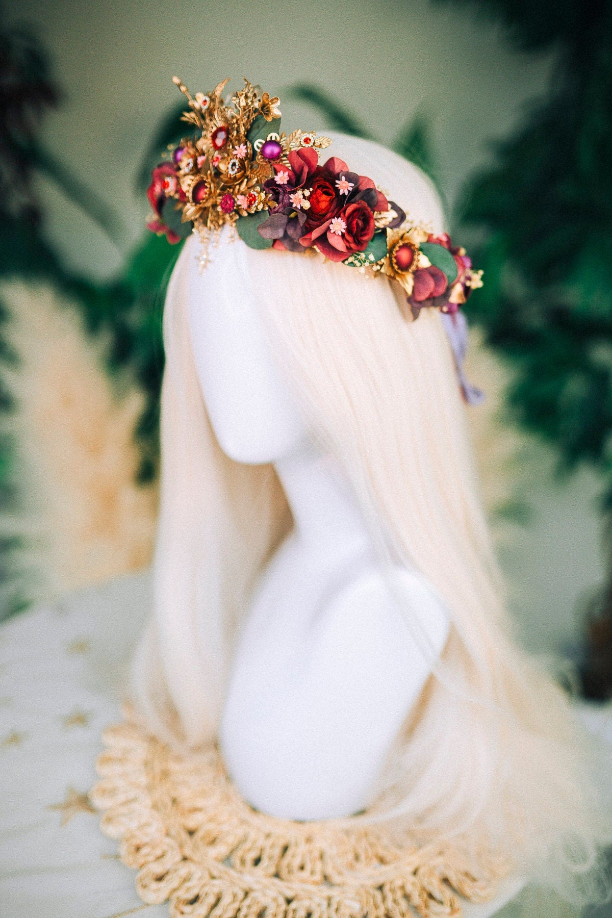 Burgundy Flower Crown Flower Tiara Celestial Gold Wedding Tiara Headpiece Headband Fairy Halo Flower Wedding Crown Boho bride Crystal Crown