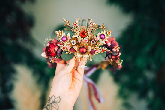 Burgundy Flower Crown Flower Tiara Celestial Gold Wedding Tiara Headpiece Headband Fairy Halo Flower Wedding Crown Boho bride Crystal Crown