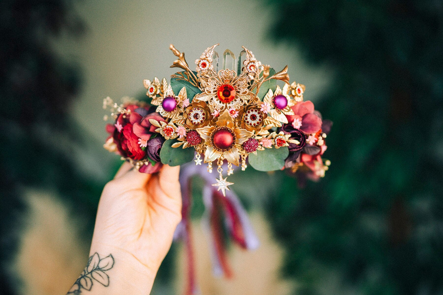 Burgundy Flower Crown Flower Tiara Celestial Gold Wedding Tiara Headpiece Headband Fairy Halo Flower Wedding Crown Boho bride Crystal Crown