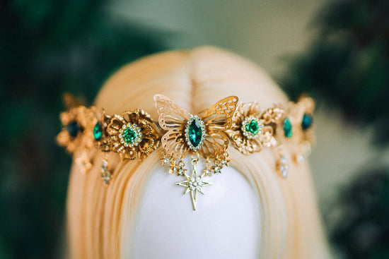 Gold crown with emerald rhinestones, Butterfly crown, Butterfly headpiece, Wedding crown, Bridal headpiece, Fairy crown