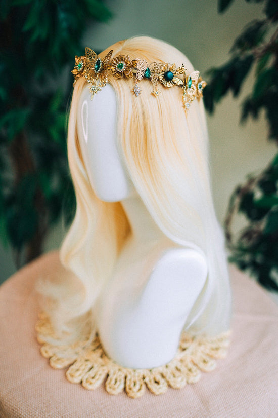 Gold crown with emerald rhinestones, Butterfly crown, Butterfly headpiece, Wedding crown, Bridal headpiece, Fairy crown