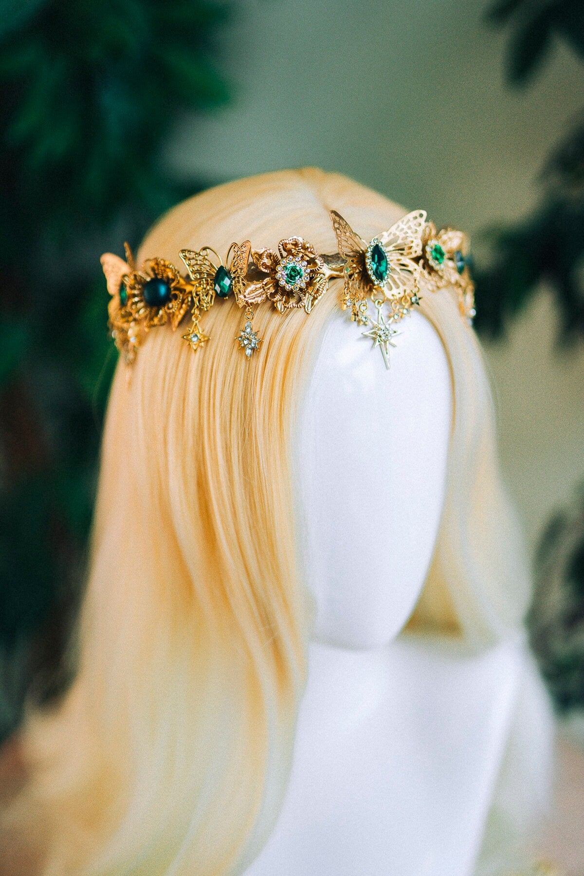 Gold crown with emerald rhinestones, Butterfly crown, Butterfly headpiece, Wedding crown, Bridal headpiece, Fairy crown