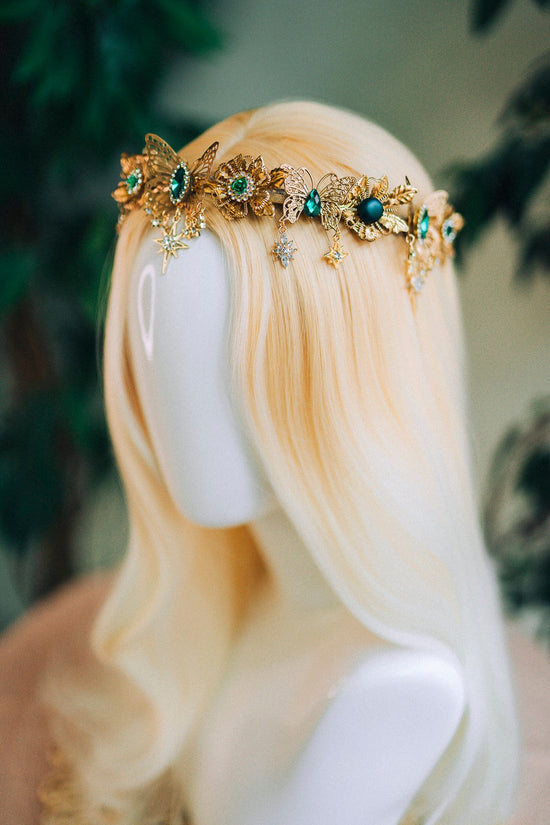 Gold crown with emerald rhinestones, Butterfly crown, Butterfly headpiece, Wedding crown, Bridal headpiece, Fairy crown