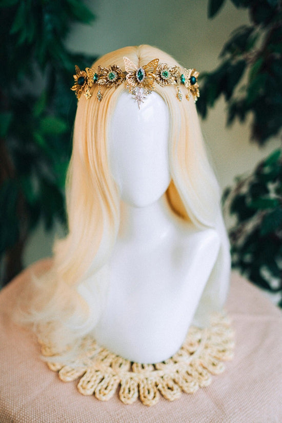 Gold crown with emerald rhinestones, Butterfly crown, Butterfly headpiece, Wedding crown, Bridal headpiece, Fairy crown