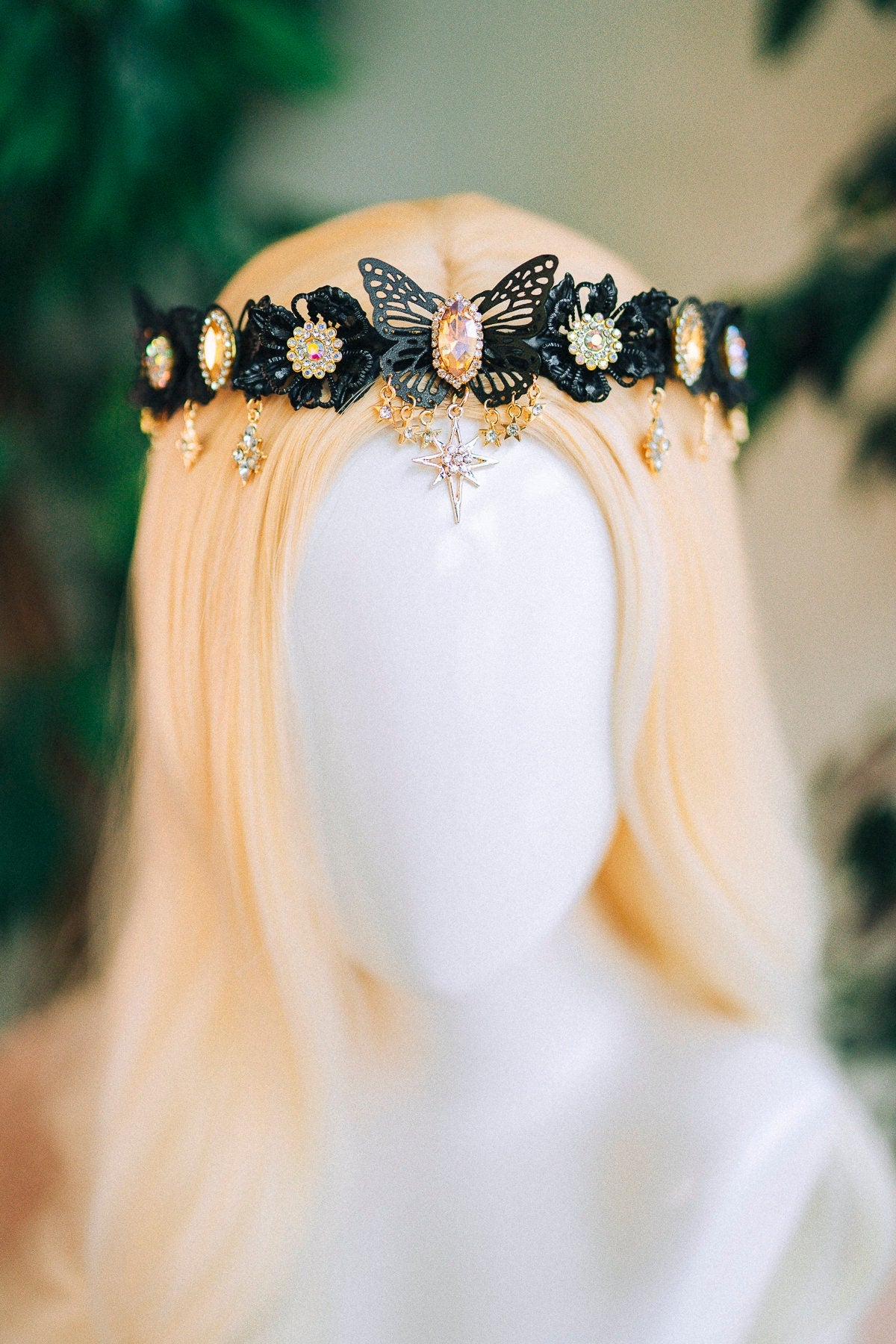 Black butterfly tiara with gold and AB rhinestones