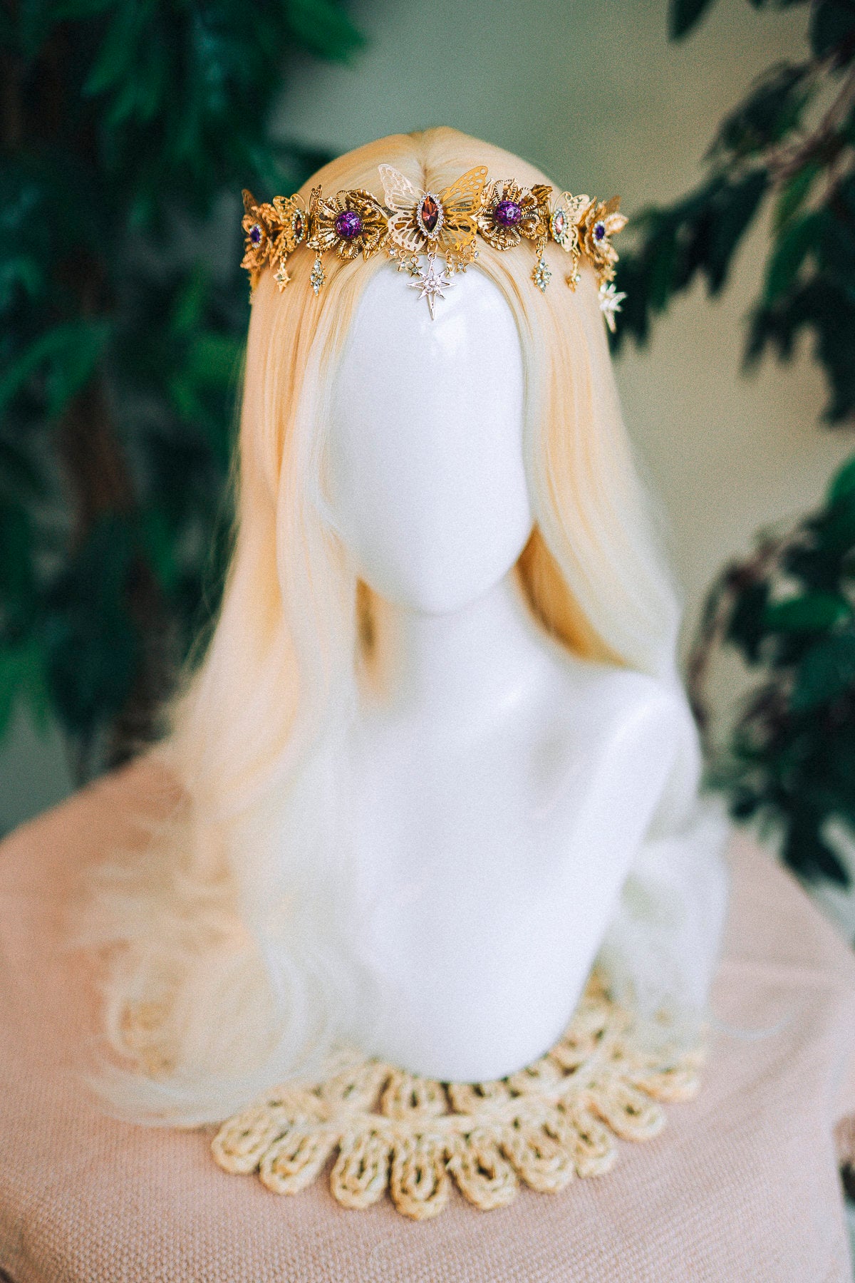 Gold crown with purple rhinestones, Butterfly crown, Butterfly headpiece, Wedding crown, Bridal headpiece, Fairy crown, Goddess