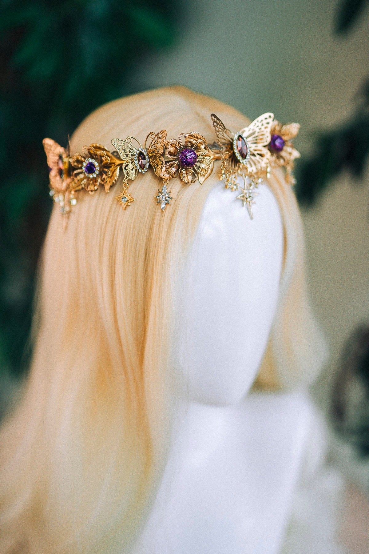 Gold crown with purple rhinestones, Butterfly crown, Butterfly headpiece, Wedding crown, Bridal headpiece, Fairy crown, Goddess