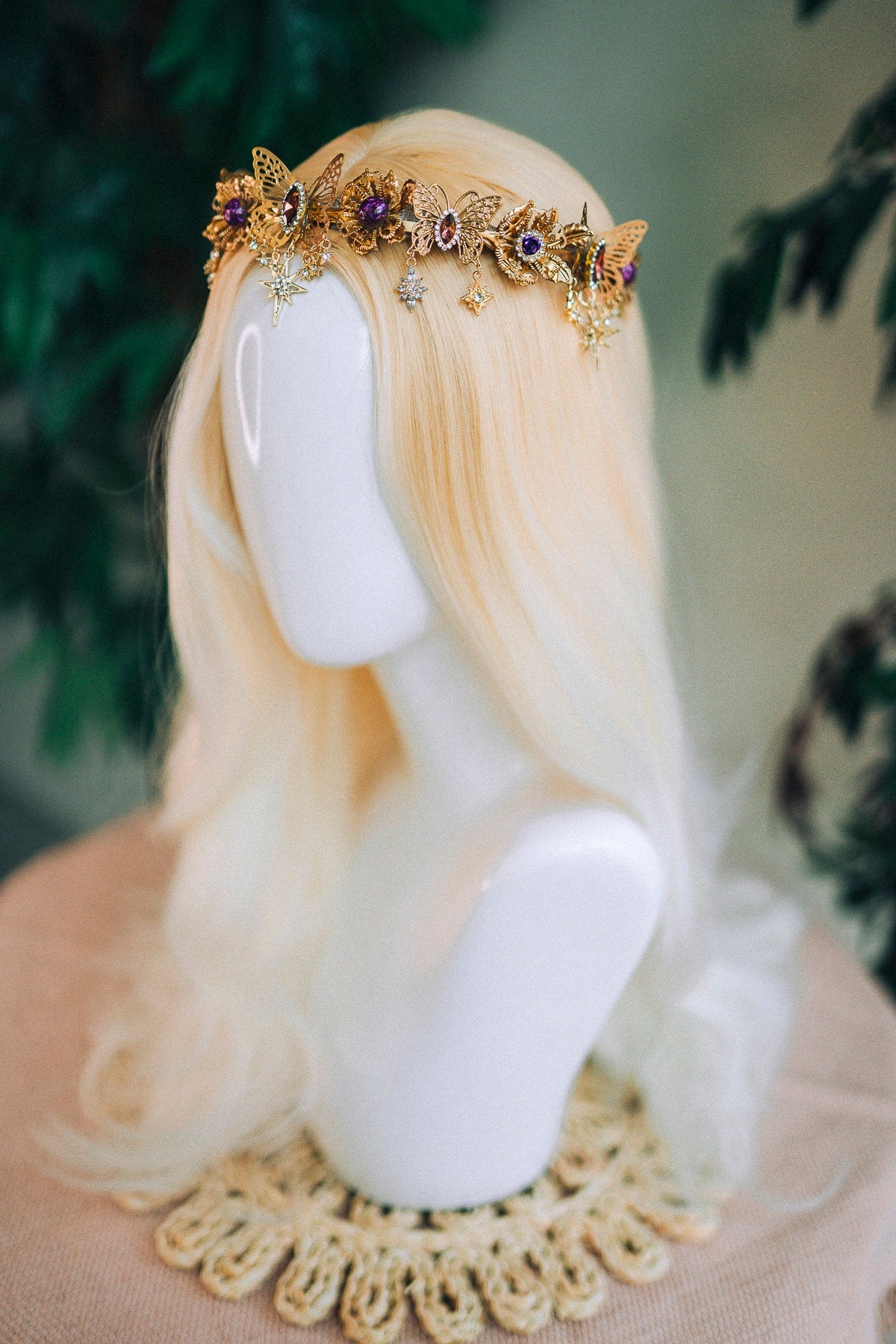 Gold crown with purple rhinestones, Butterfly crown, Butterfly headpiece, Wedding crown, Bridal headpiece, Fairy crown, Goddess