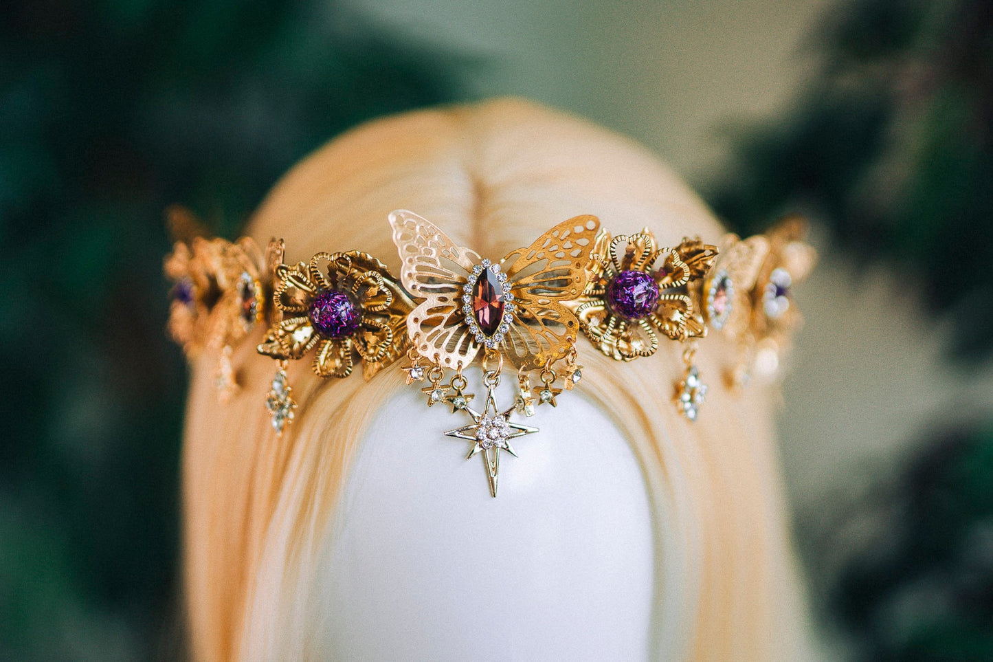 Gold crown with purple rhinestones, Butterfly crown, Butterfly headpiece, Wedding crown, Bridal headpiece, Fairy crown, Goddess