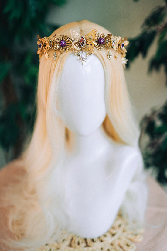 Gold crown with purple rhinestones, Butterfly crown, Butterfly headpiece, Wedding crown, Bridal headpiece, Fairy crown, Goddess