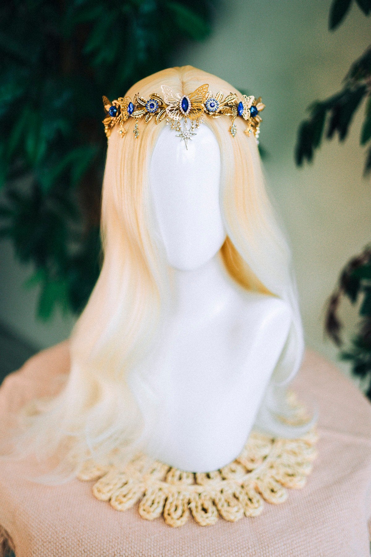 Gold crown with royal blue rhinestones, Butterfly crown, Butterfly headpiece, Wedding crown, Bridal headpiece, Fairy crown, Elven crown