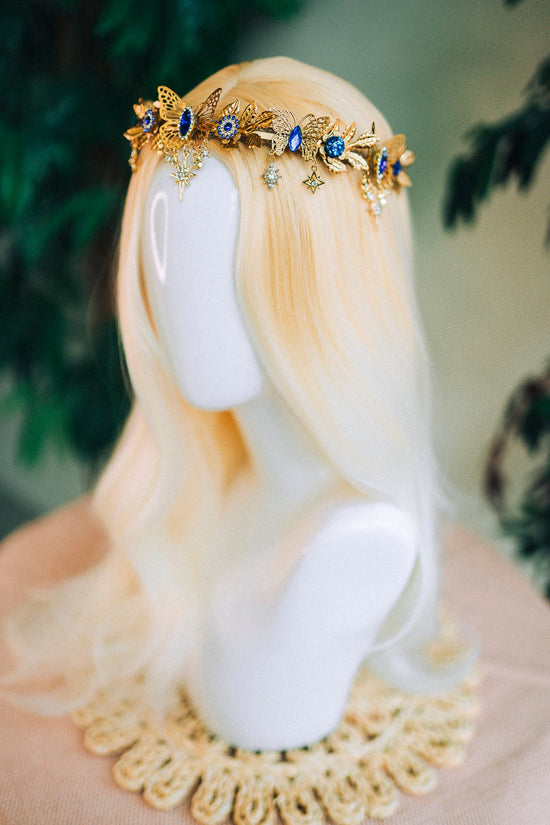 Butterfly Tiara, Gold Crown with Blue Crystals Stars, Bridal Headpiece for Weddings Festivals, Luxury Handmade Tiara for Special Occasions