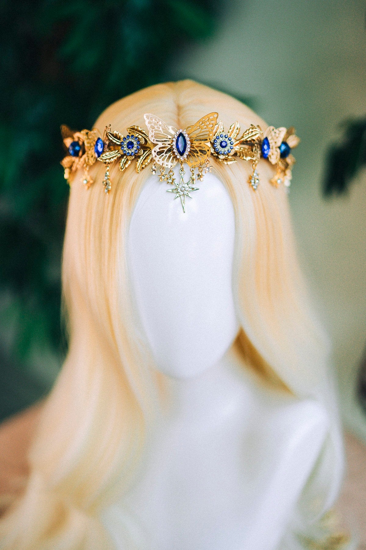 Gold crown with royal blue rhinestones, Butterfly crown, Butterfly headpiece, Wedding crown, Bridal headpiece, Fairy crown, Elven crown