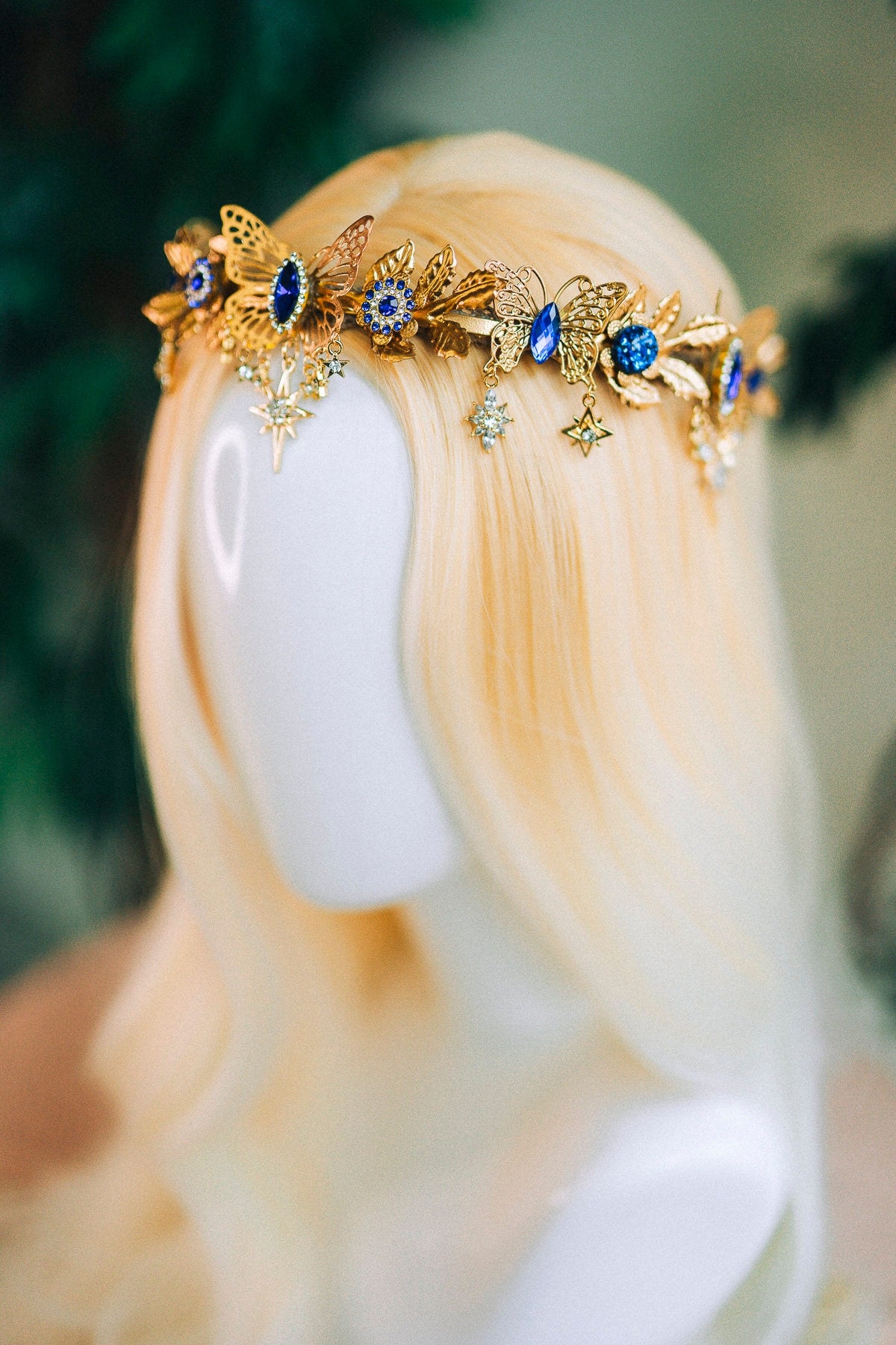 Gold crown with royal blue rhinestones, Butterfly crown, Butterfly headpiece, Wedding crown, Bridal headpiece, Fairy crown, Elven crown